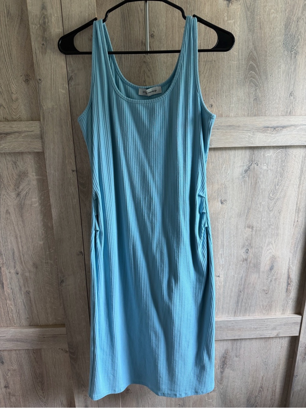 Sleeveless Light Blue Ribbed Midi Dress with Side Pockets, maternity